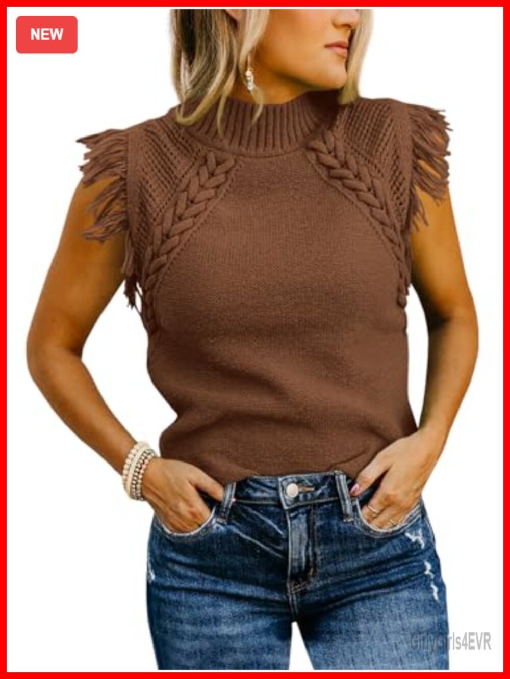 Sleeveless Sweater Vest Mock Neck Cable Knit Fringe Cap Sleeve Boho Pullover